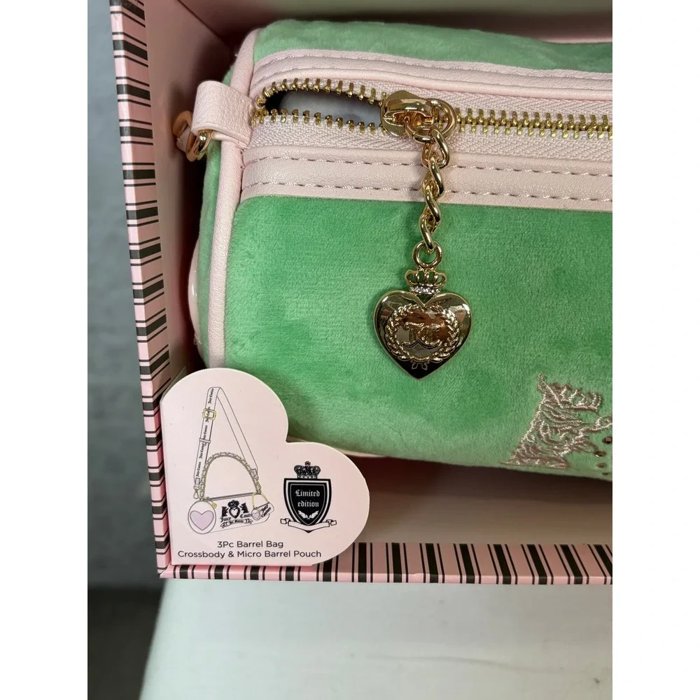 Juicy Couture Heritage Barrel Bag 3 Piece Set Retro Green Velour Crossbody NEW